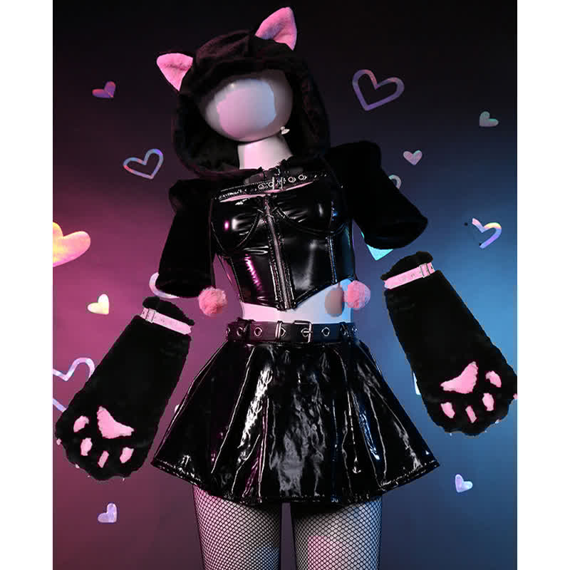 Cosplay Kitty Paw Hooded PU Lingerie Set