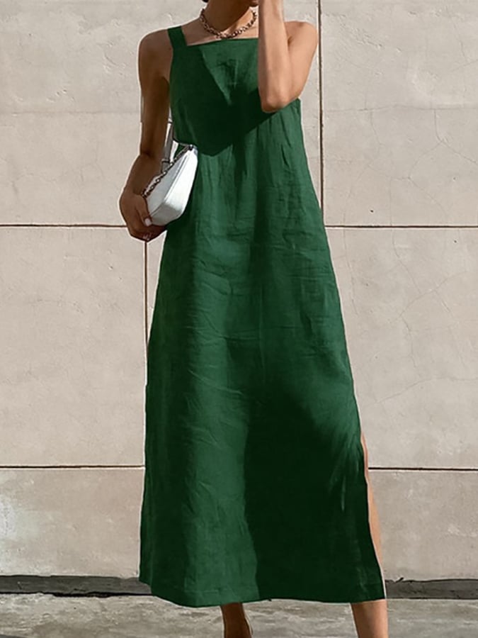 New French Long Skirt Cotton And Linen Sleeveless Dress Women's Summer Sexy Green Slit Straight Camisole Skirt