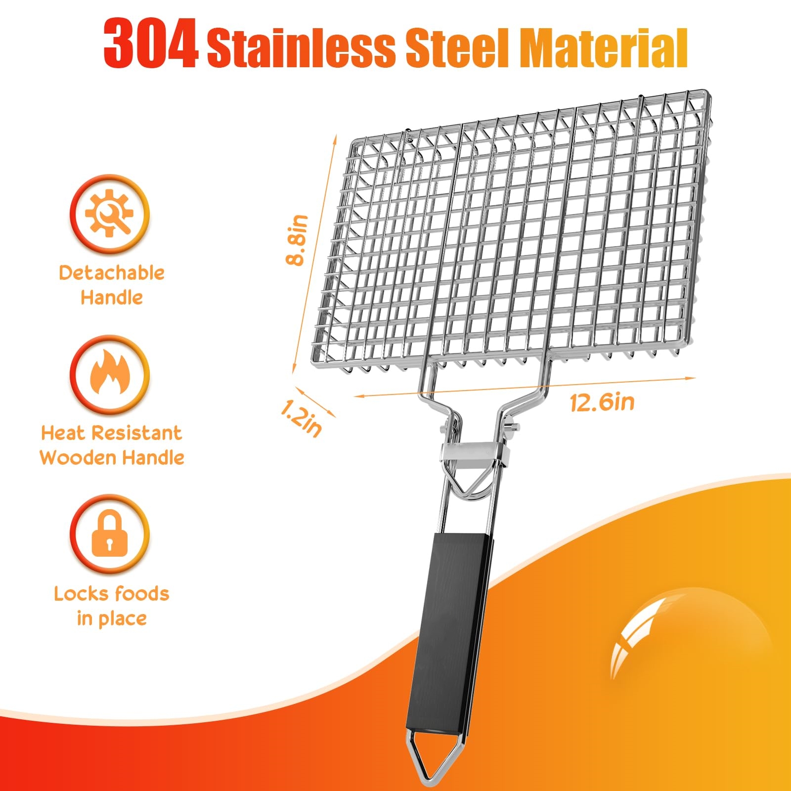 🔥On Sale🔥Portable BBQ Grill Basket Stainless Steel Fish Grill Basket with Removable Handle