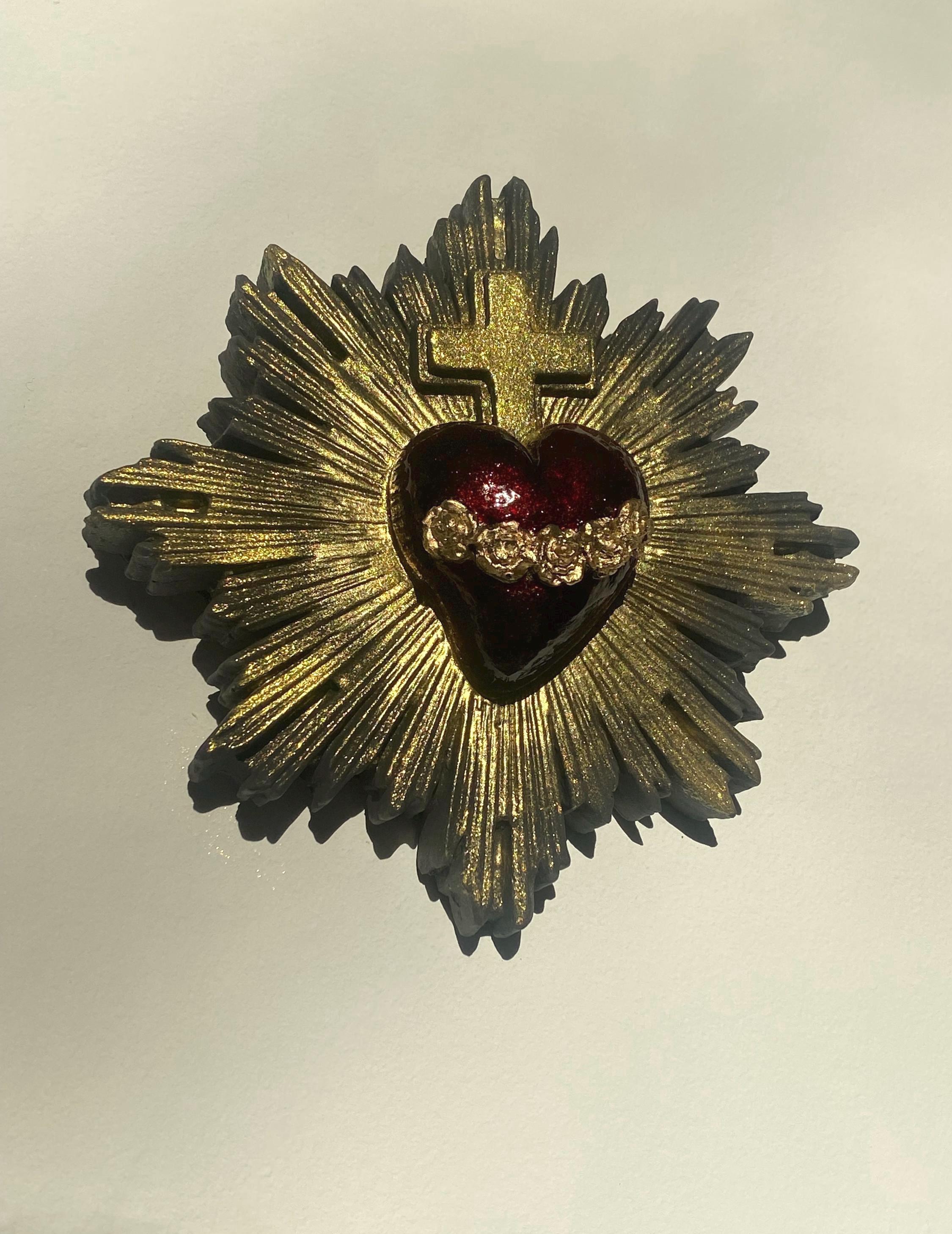 Sacred Heart Wall Decor, Milagro Heart, Flaming Heart & Cross, Handmade.