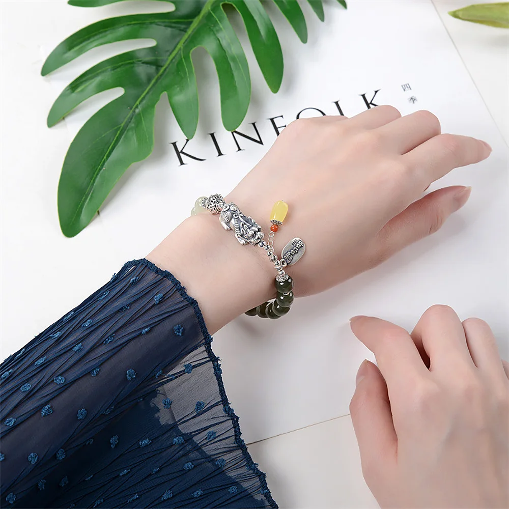 Natural Hotan Jade Beads Men's Bracelet 925 Silver Natural Honey Wax Pendant Bangles Fine Jewelry Gift For Boyfriend Wholesale
