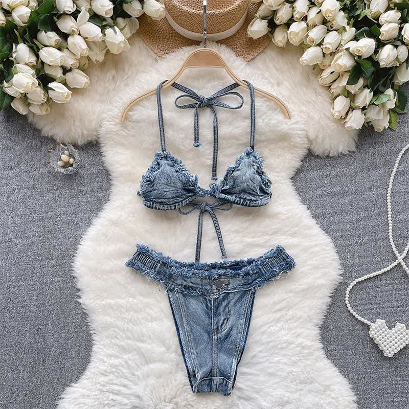 Sexy Lace Up Denim Lingerie Set