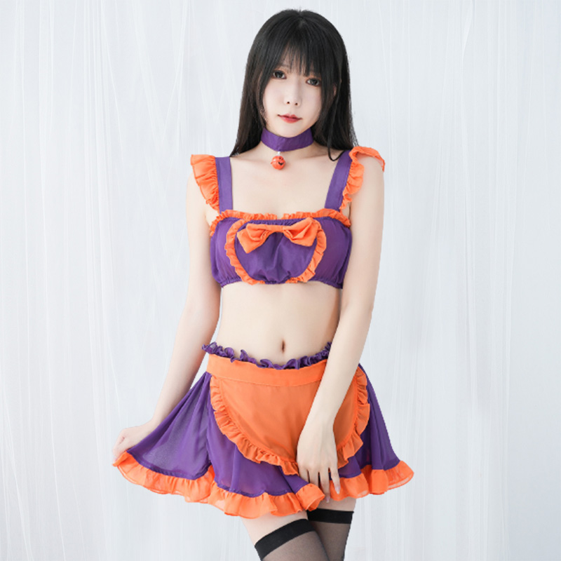 Pumpkin Small Bell Bow Decor Chiffon Maid Lingerie Set