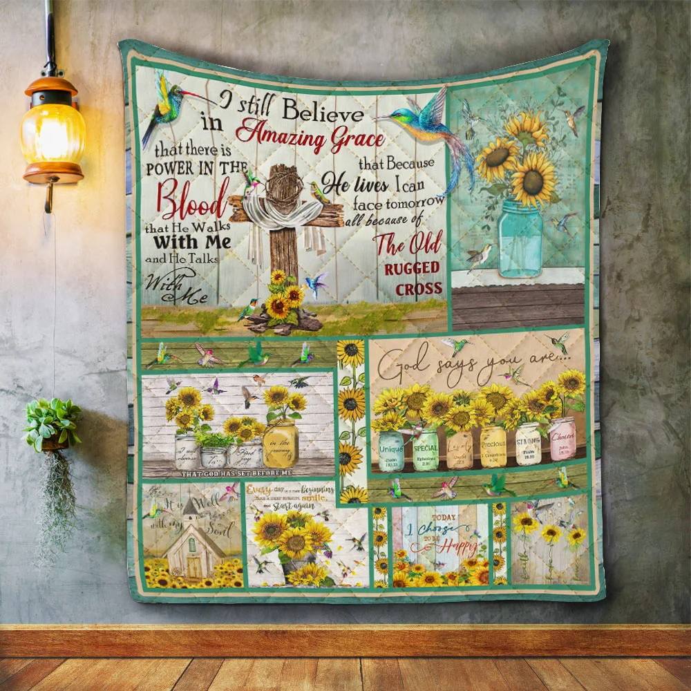 Jesus Christ. Hummingbirds Sunflower. I Still Believe In Amazing Grace Quilt Blanket