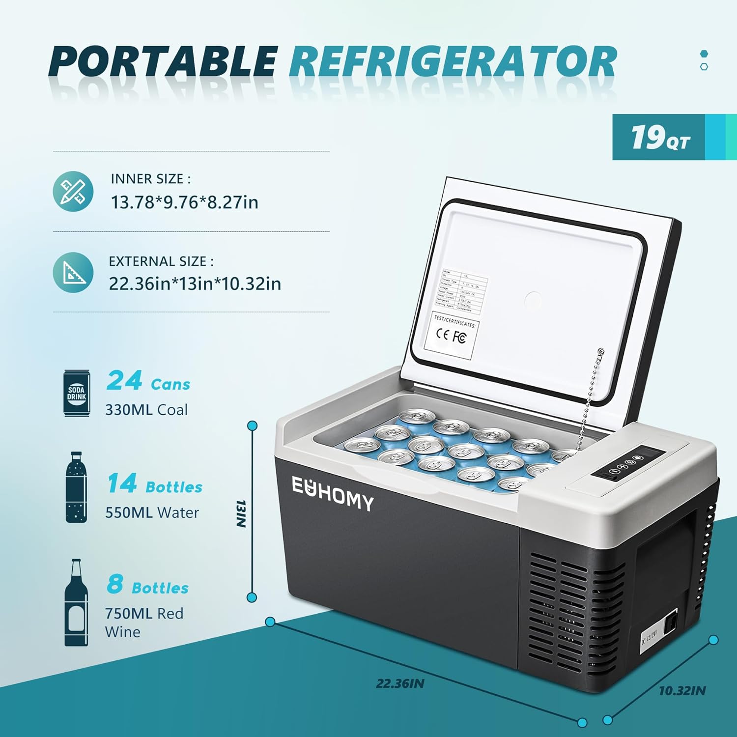 EUHOMY 12 Volt Refrigerator 19QT Portable Refrigerator Freezer