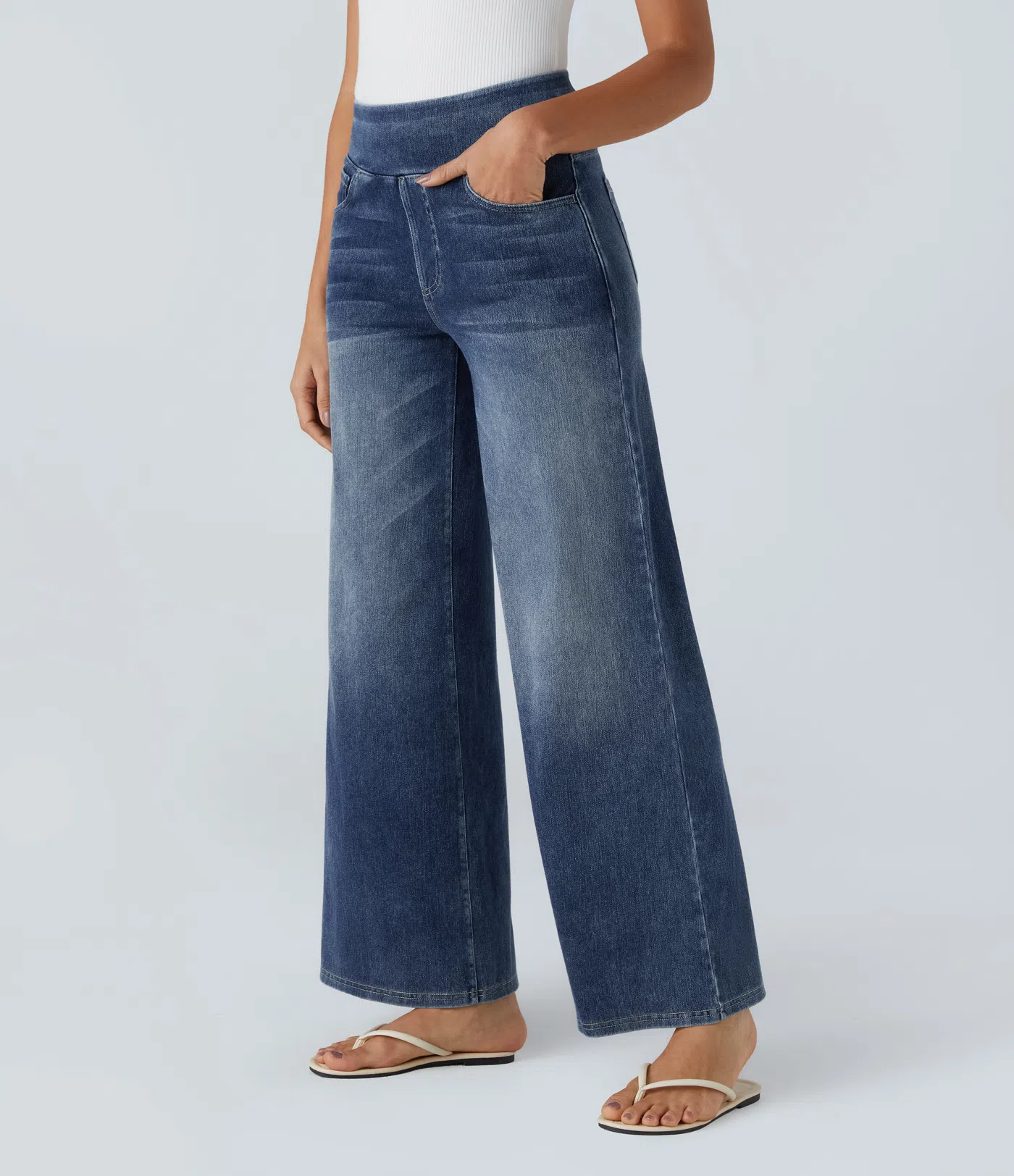 💝Last Day Promotion⚡High Waisted Multiple Pockets Baggy Wide Leg Washed Stretchy Knit Casual Jeans