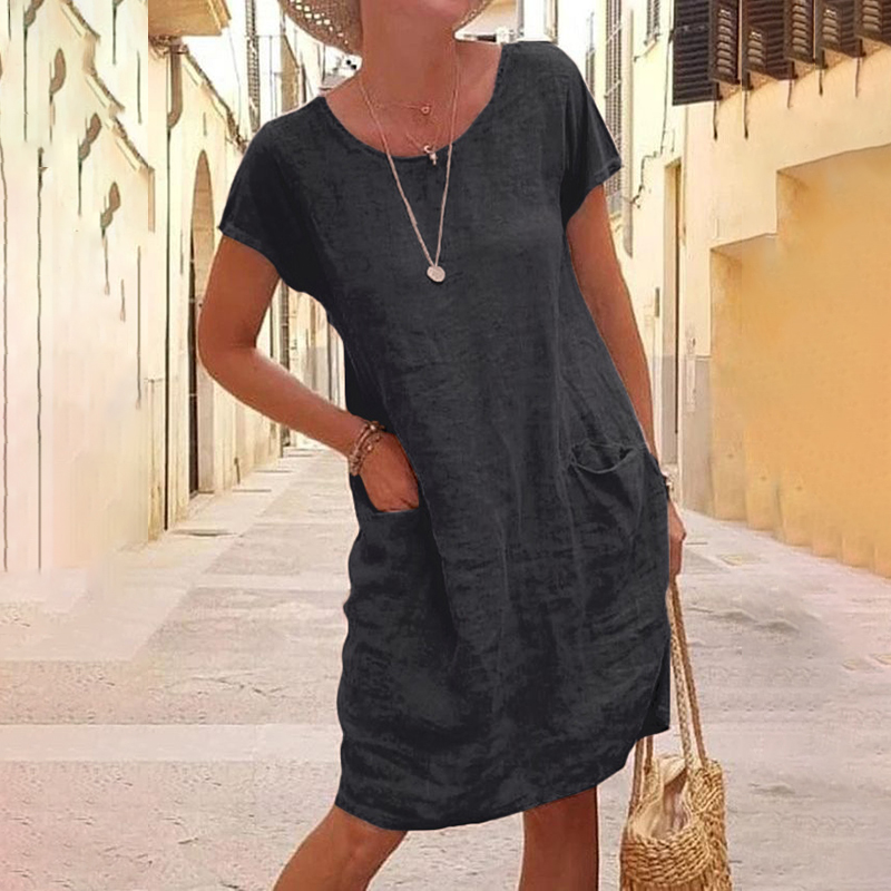 Loose Solid Pocket Short Sleeve Round Neck Midi Dress