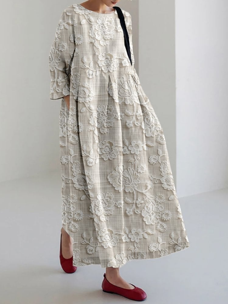 Women's Cotton And Linen Pink Lace Print Dress