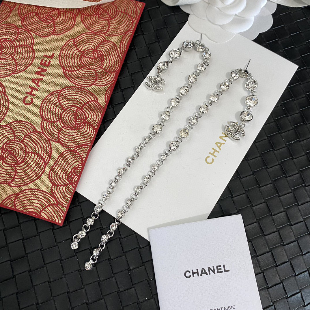 Chanel Silver Round Diamond Long Earrings