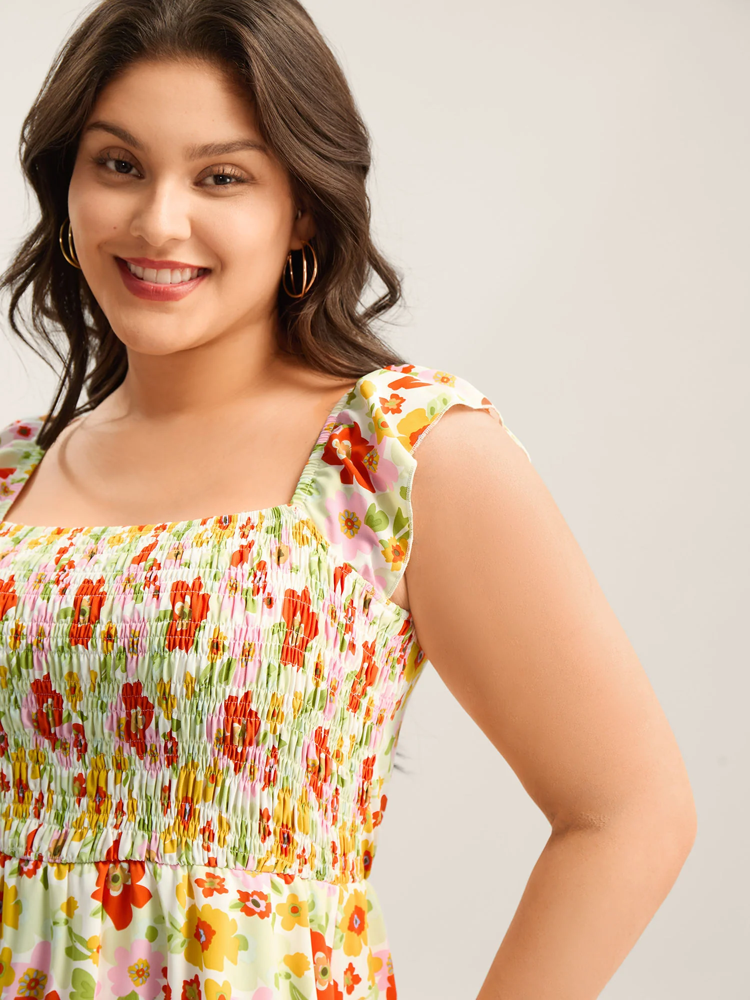 Floral Garden Stretchy Waist Shirred Midi Dress