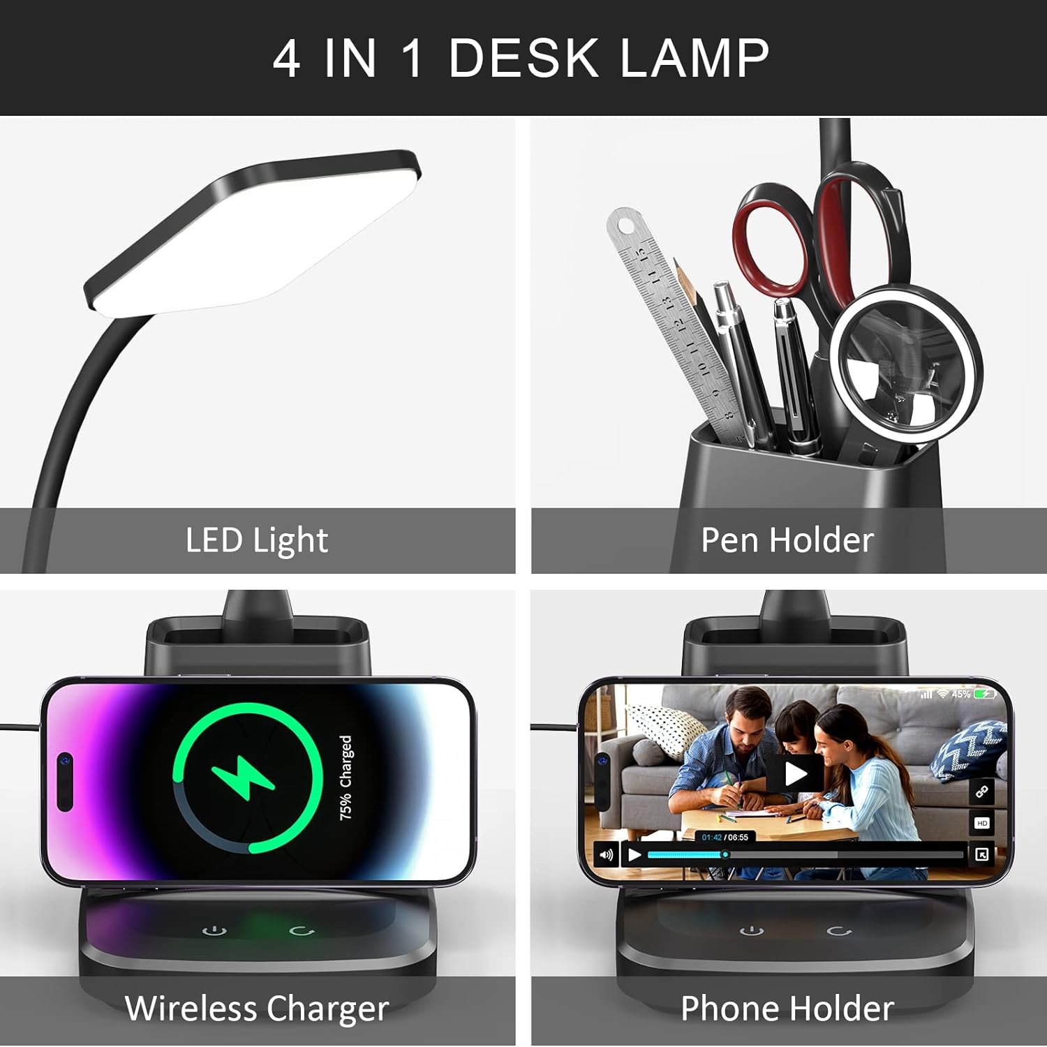 Desk Lamp with Wireless Charger, LED Desk Lamps for Home Office, 800 Lumens, Small Desk Lamp with Pen Holder, Flexible Arm, 3 Modes, Dimming, Touch Lamp for College Dorm Room