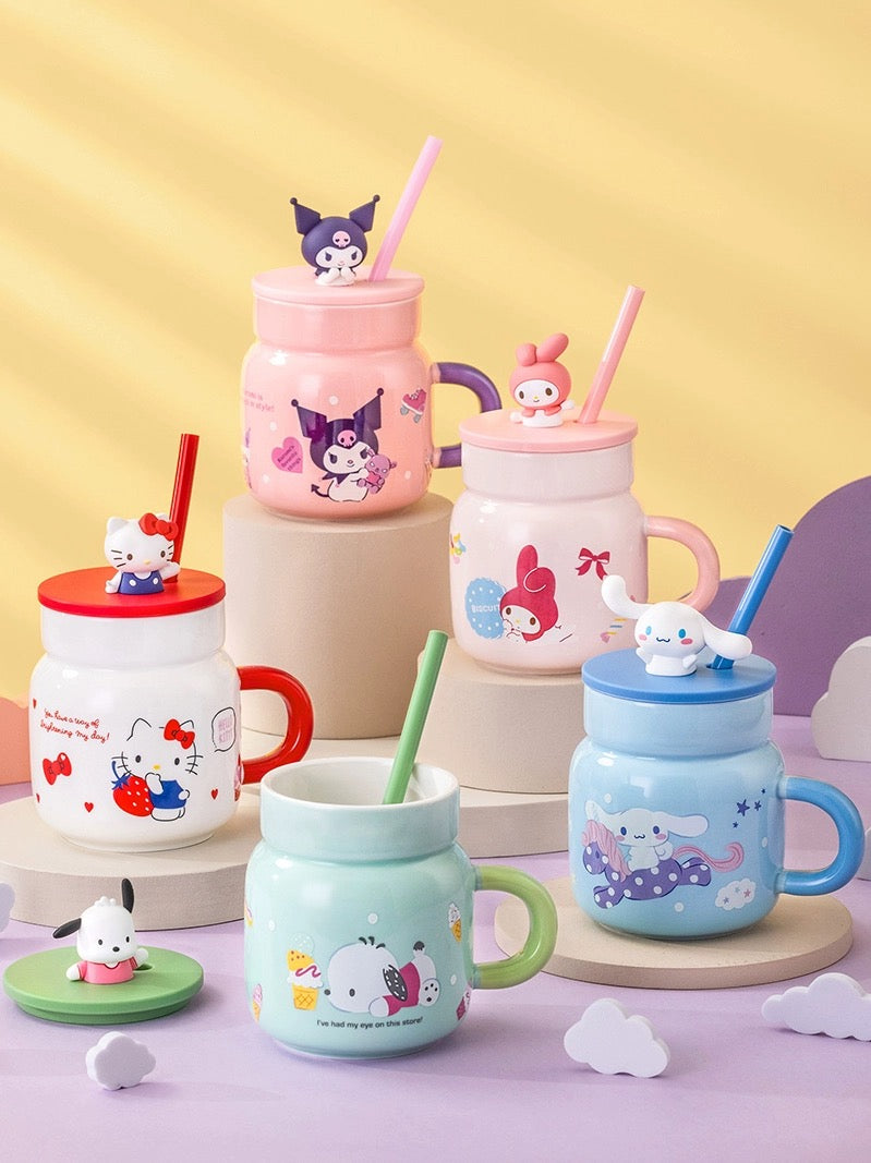 Sanrio Ceramic Coffee Cup with Silicone Lid Spoon Tea Cup Milk Mug Gift