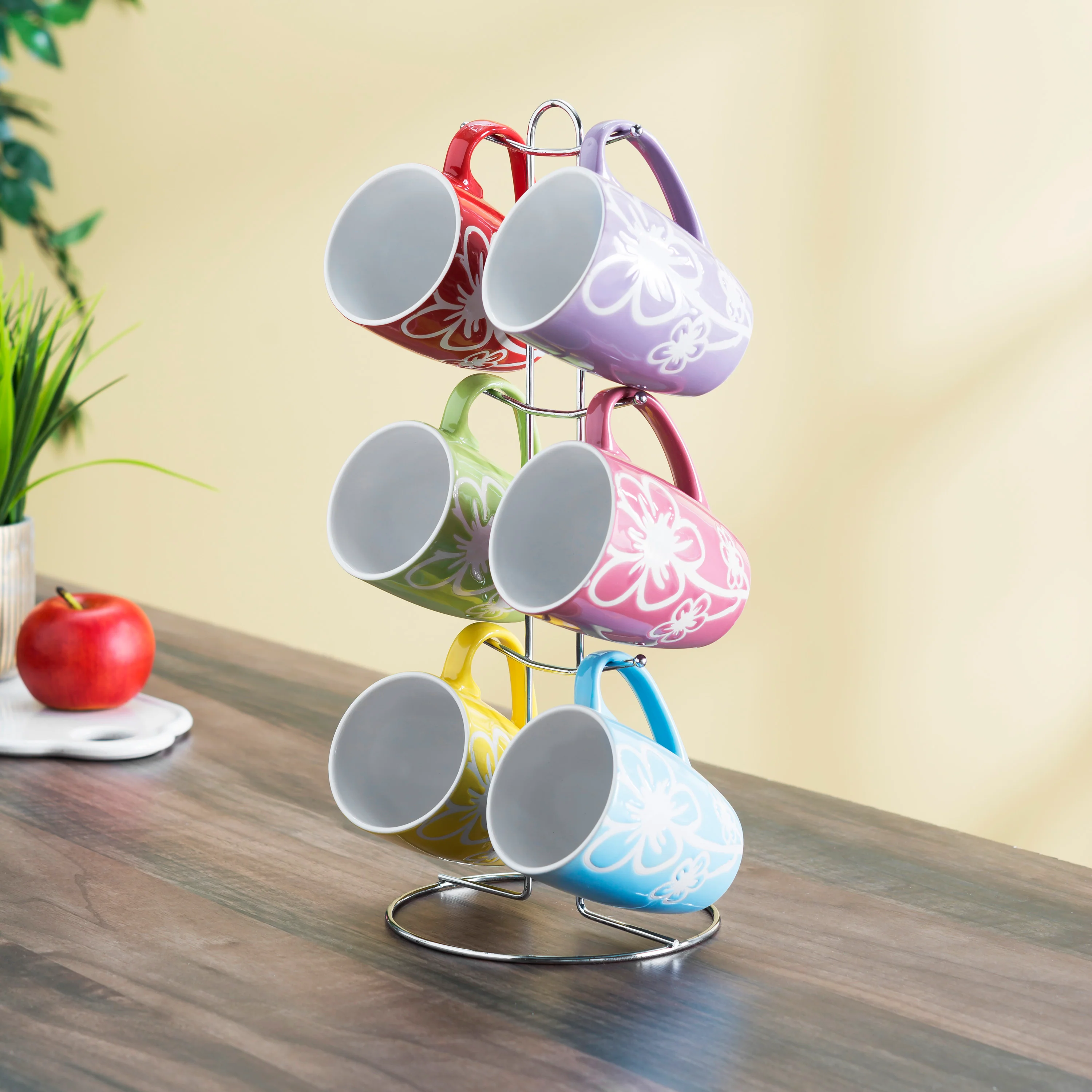 Home Basics 6-Piece Ceramic Mug Set With Stand, Daisy, Multicolor
