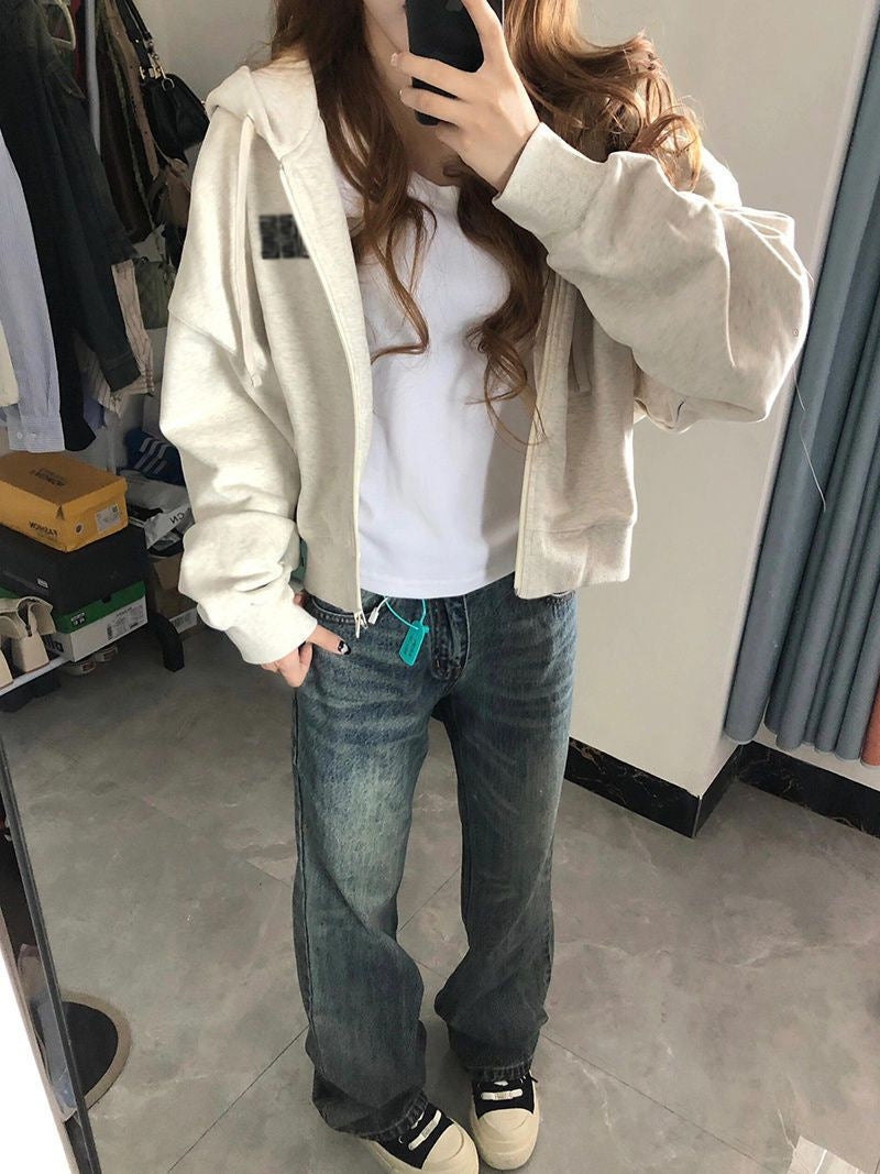 Vintage Zipper Hooded Cardigan Sweater for Women