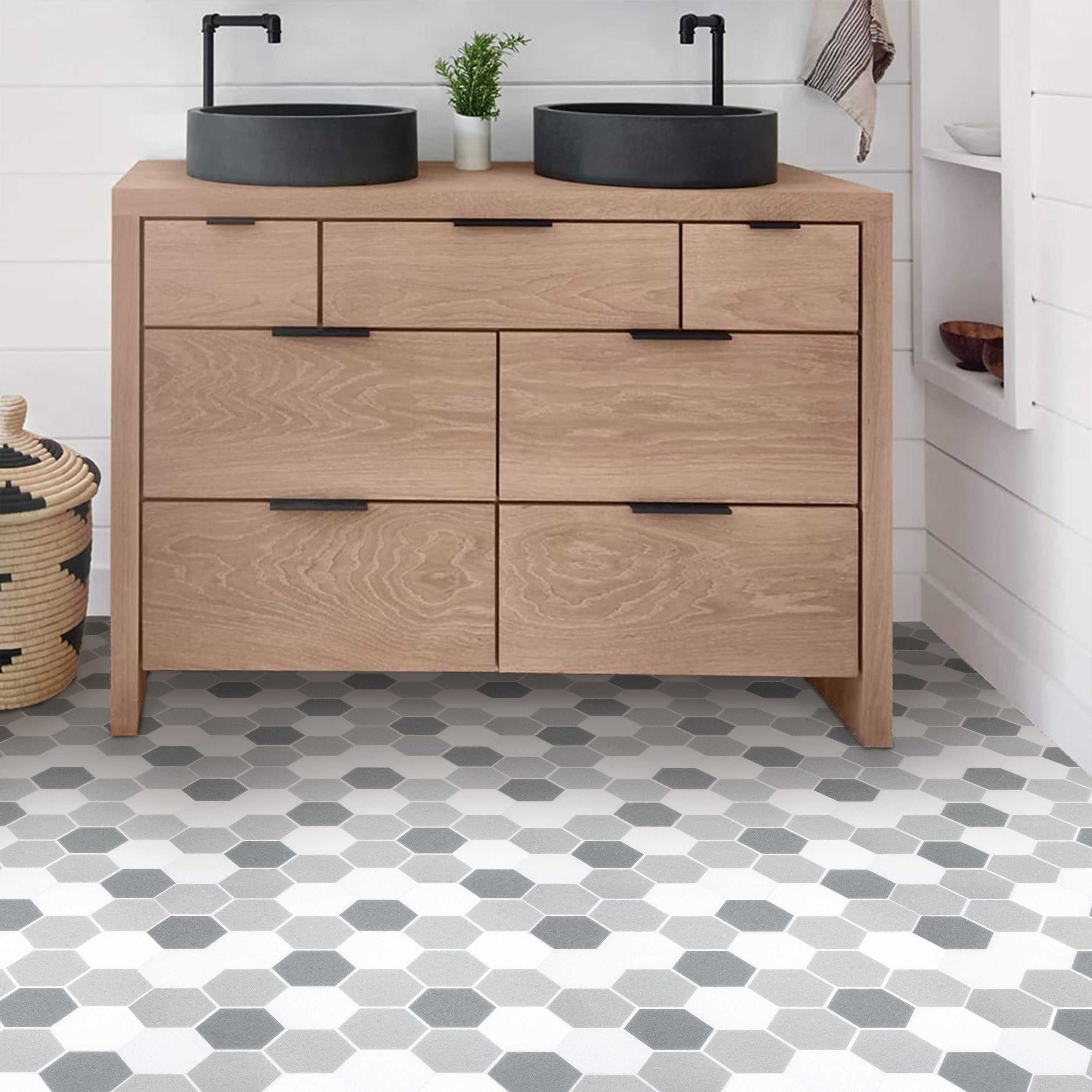 Grey and White Hexagon Peel and Stick Vinyl Floor Tile Sticker