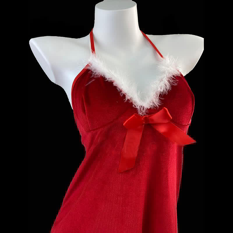 Bow Knot Fluffy Slip Dress Christmas Nightdress Lingerie