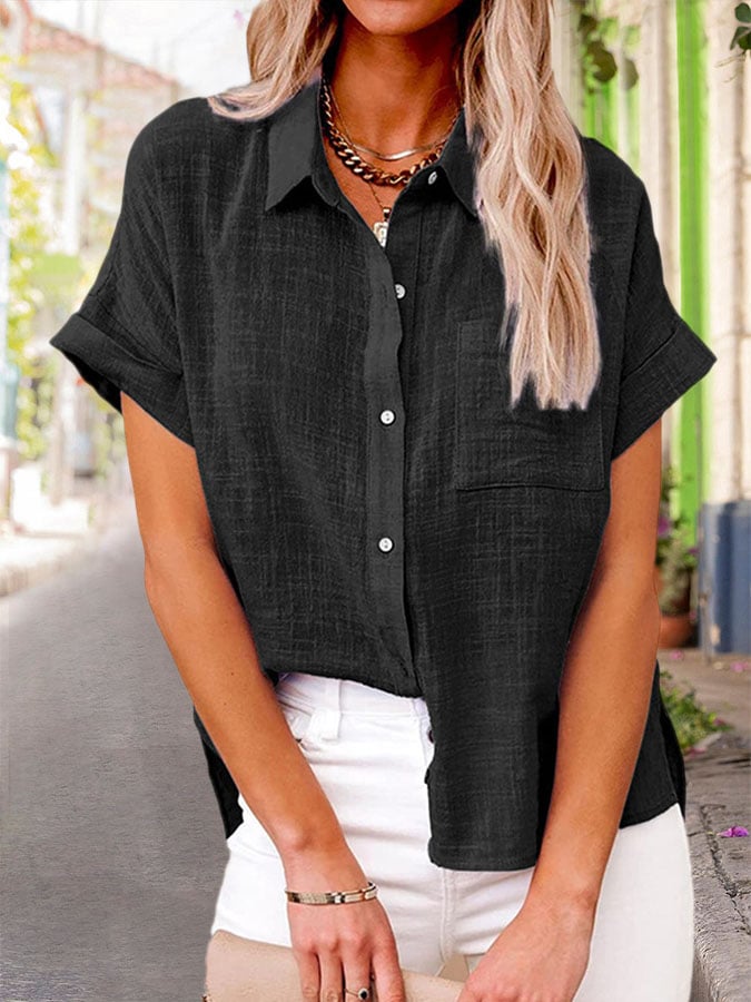 Solid Color Pocket Cotton And Linen Shirt