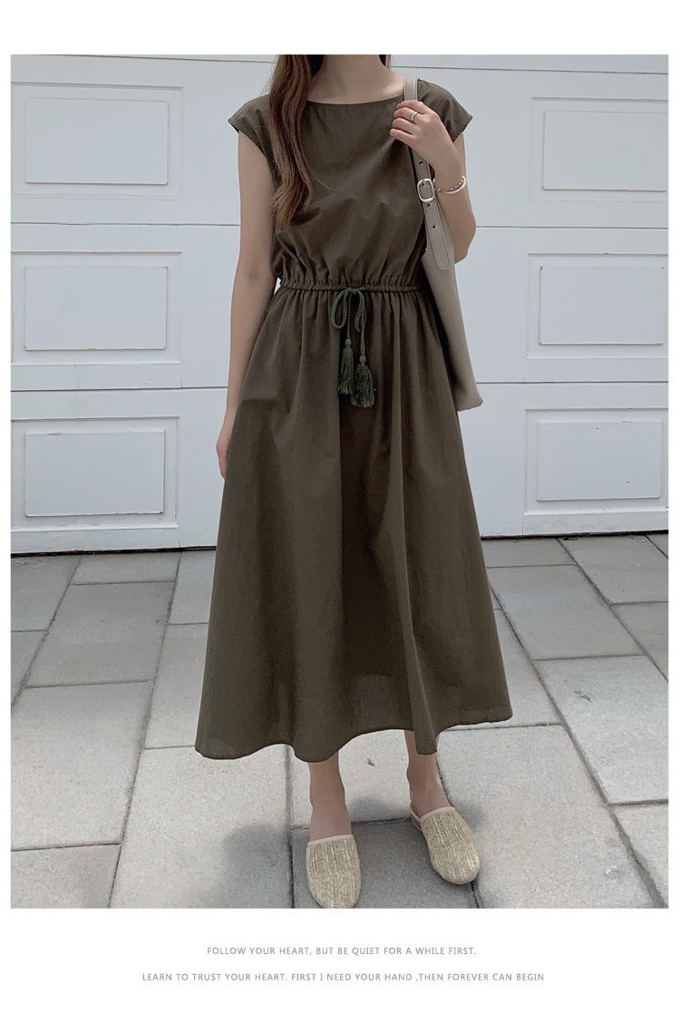 Retro Dress Women Summer Gentle Elegant Can Waist Trimming Loose plus Size Cotton Linen Large Swing Dress