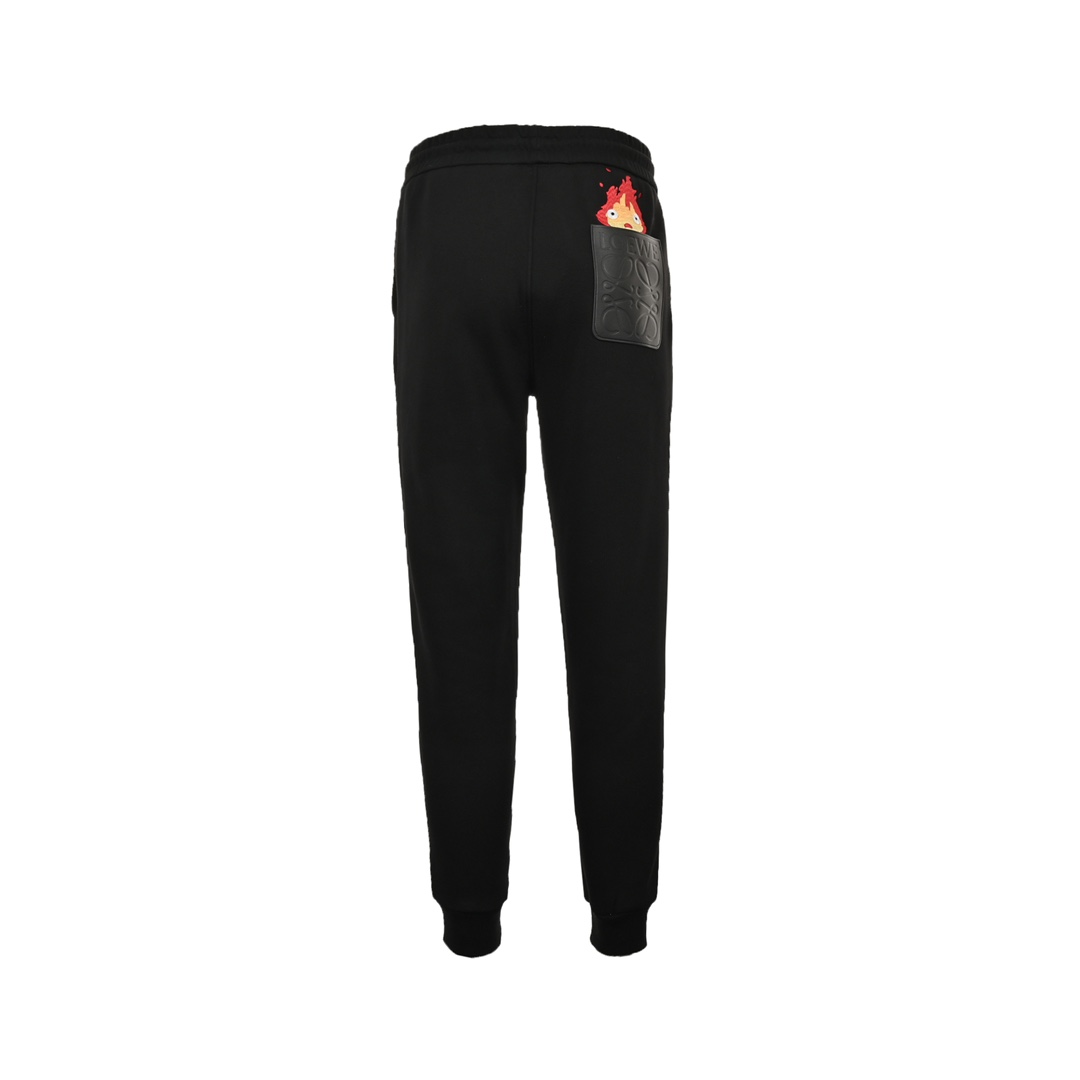 Loewe 23Fw leather patch pocket embroidered flame fleece trousers