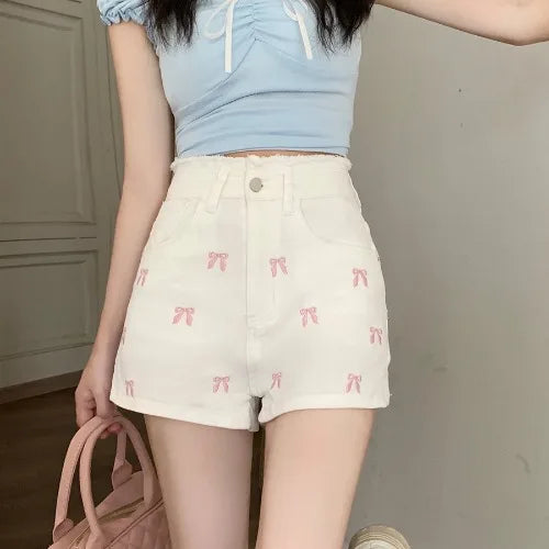 Pretty Bow Embroidered Jean Shorts