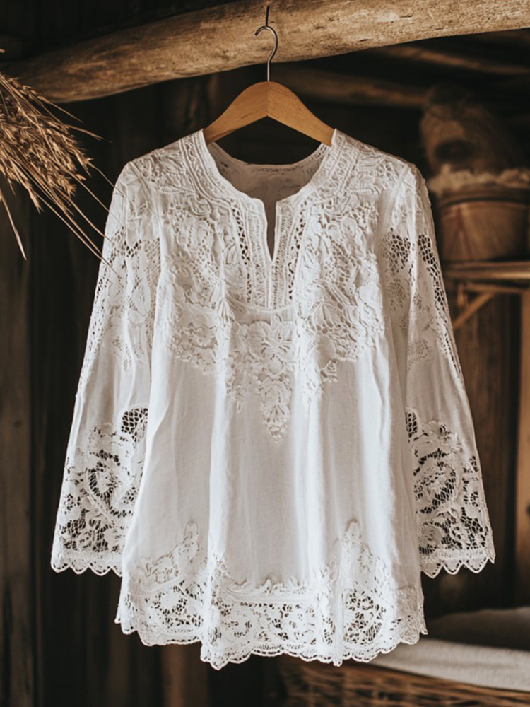 Elegant Lace Embroidery Tassel Art Long Sleeve V-neck Shirt