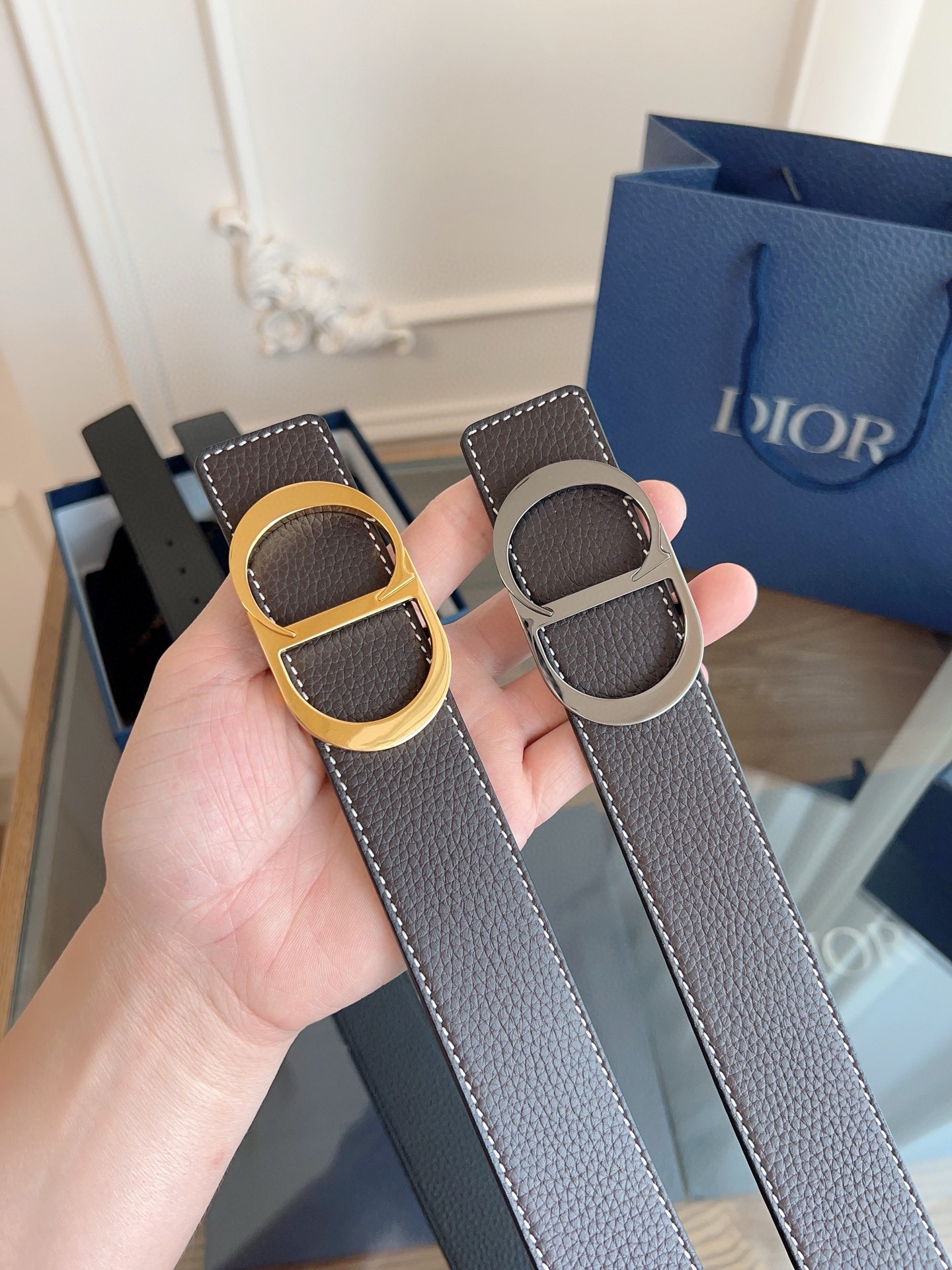 Dior coffee black double-sided cowhide leather belt width 3.5cm