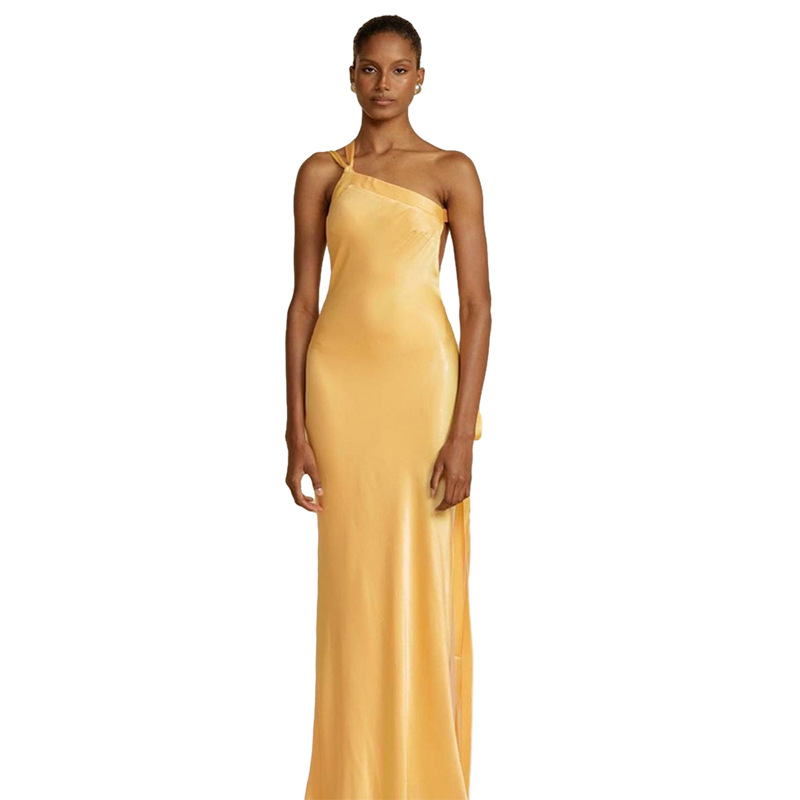 Yellow Fashionable sexy girl sleeveless slanting collar hollow backless high-waisted slim dress dress