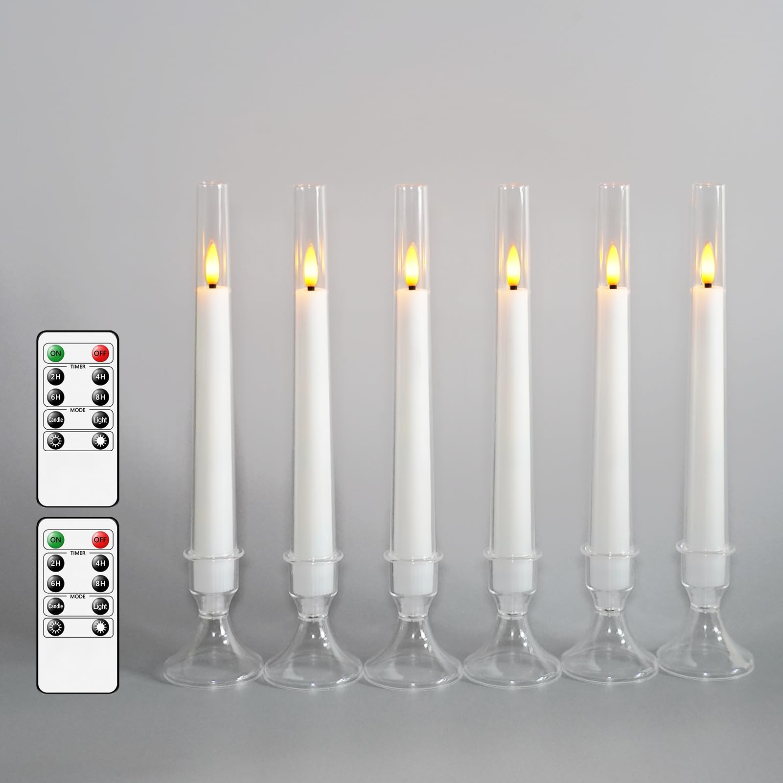 6 PCS Upgraded Flameless Taper Candles with Remote, Acrylic Battery Operated Candles with CandleSticks