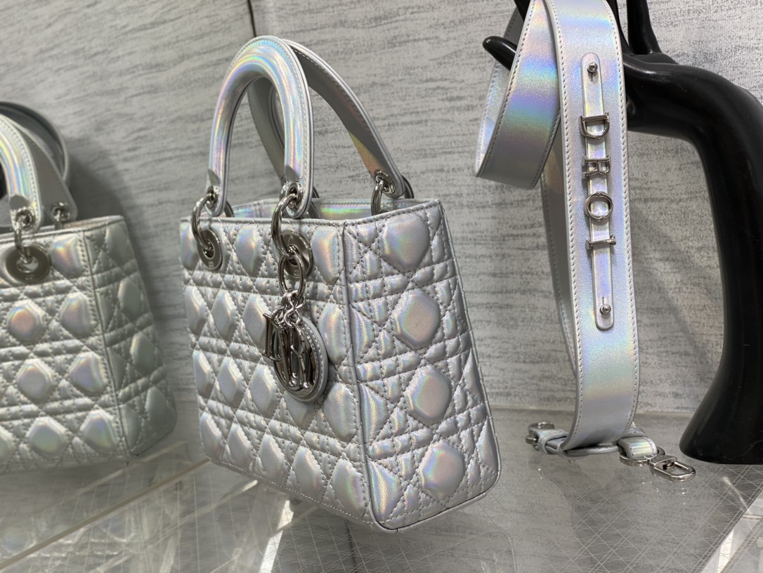 DIOR Lady Four-grid Laser Silver Princess Diana Bag