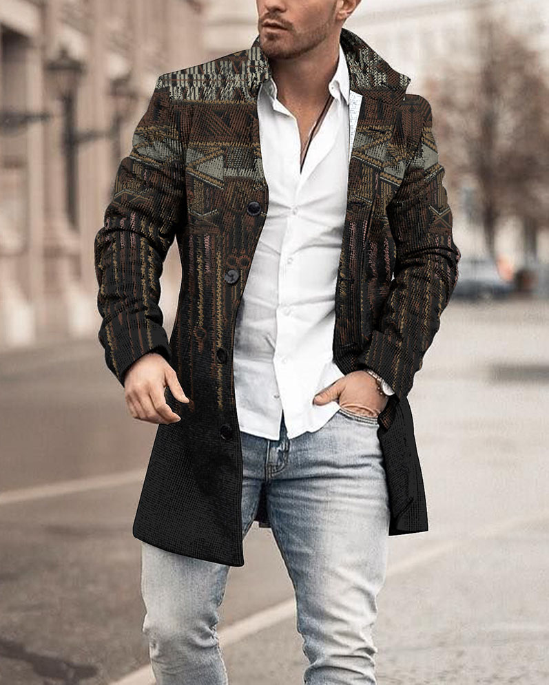 Brown Vintage Ethnic Style Pattern Lapel Mid Length Coat