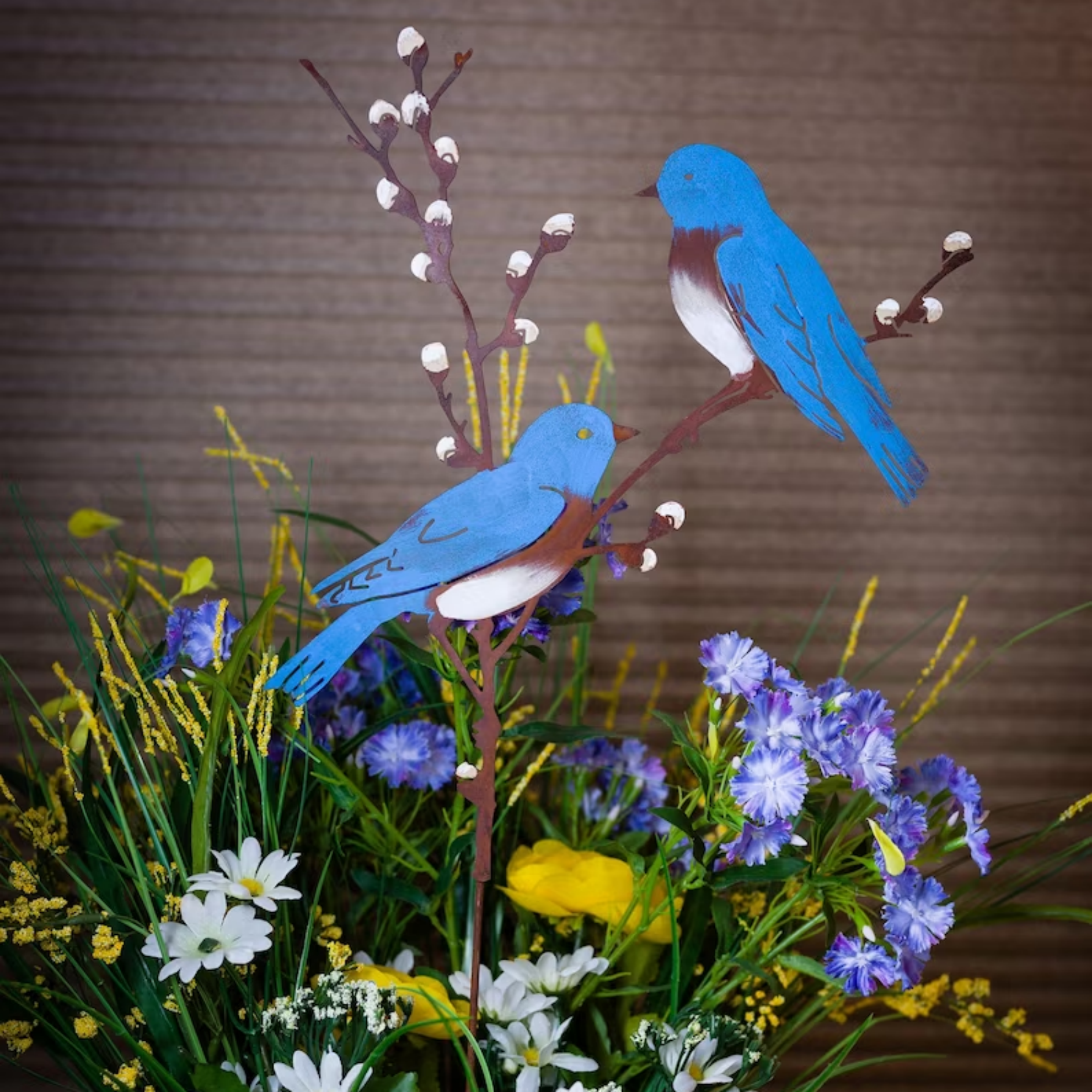 Hand painted metal bird metal garden art decoration on spring willow garden stake