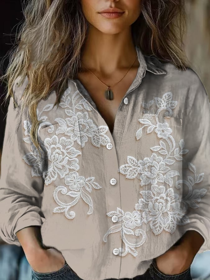 Women's Casual Vintage Floral Cotton and Linen Shirt
