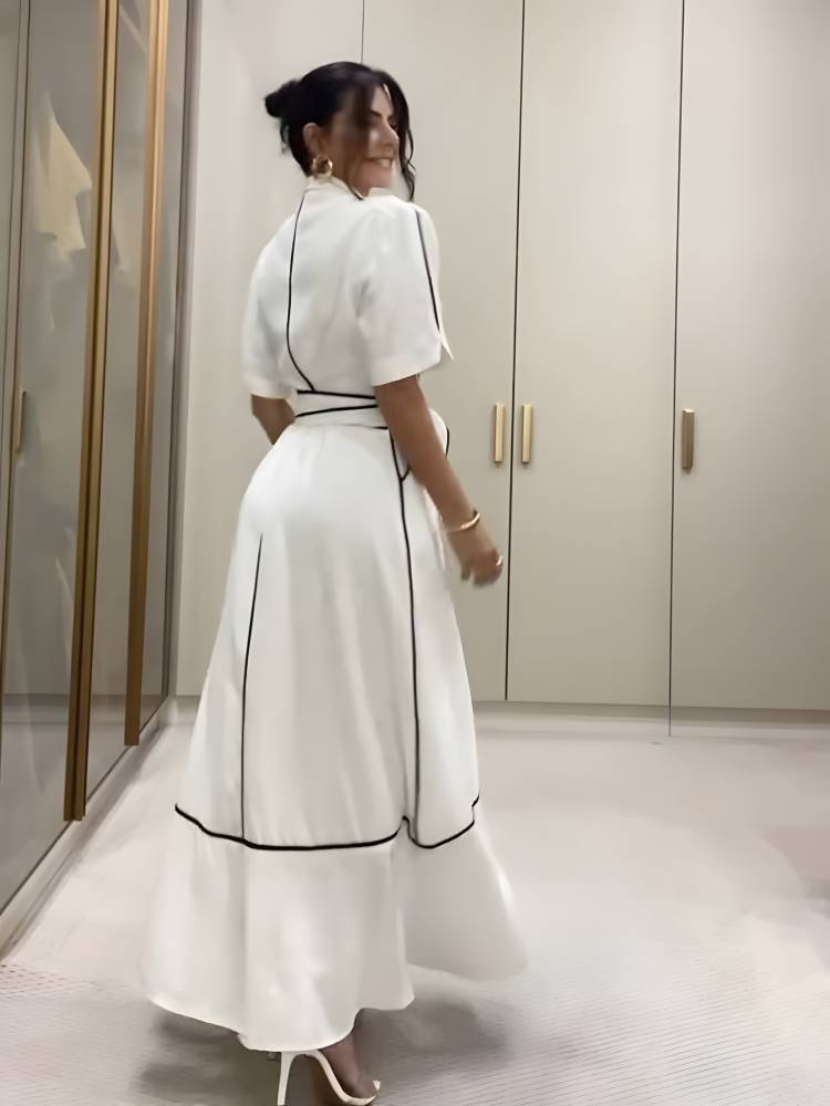 Tight Waist Belt Bubble Short-Sleeved Suit Dress