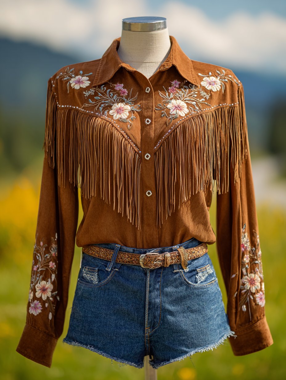 Women's Western Vintage Tassel Floral Print Western Long Sleeve Shirt