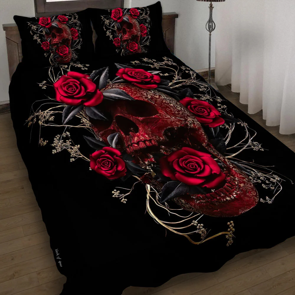 Rose Flowers Sugar Skull Quilt Bed Set