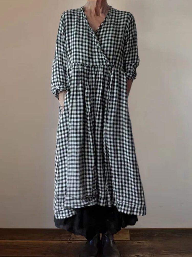Check Pleated Frayed Hem Wrap Maxi Dress