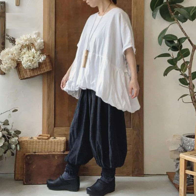 Loose Round Neck Short Sleeve Gathered Paneled Cotton And Linen Shirt