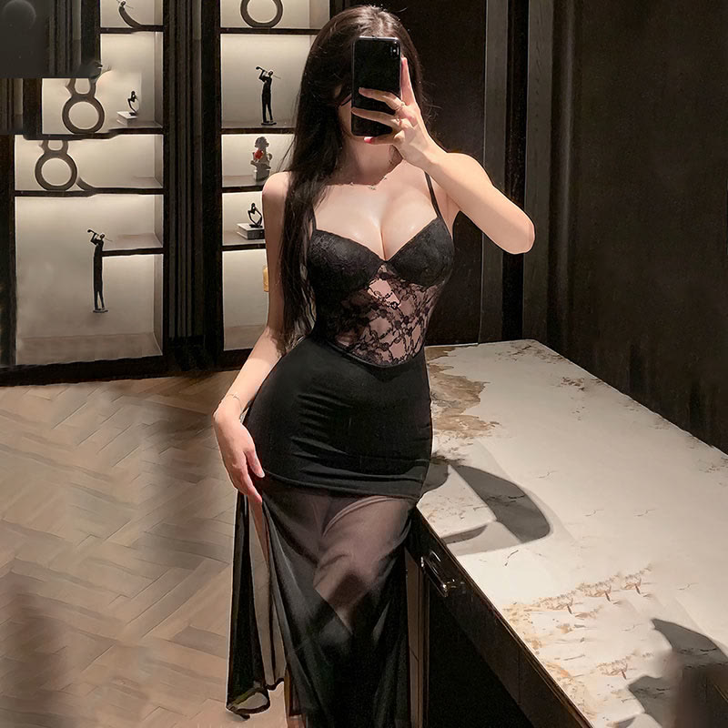 V-neck Lace See-through Slip Lingerie Dress