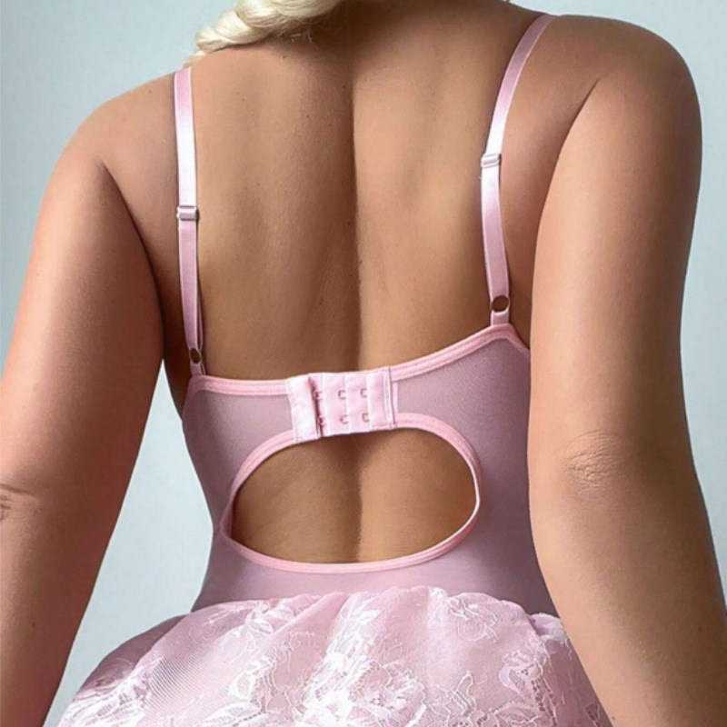 Bodycon bodysuit with lace trim and garter stockings - sexy lingerie