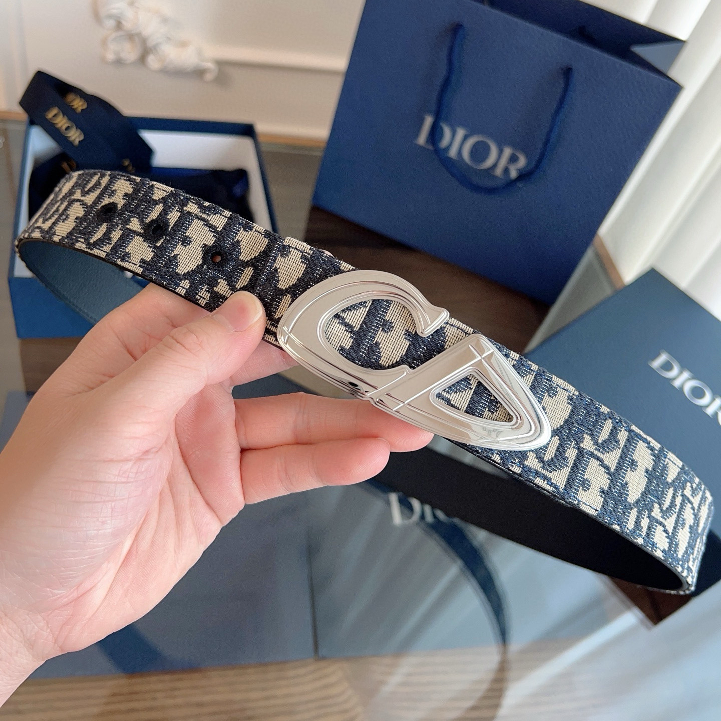 Dior Oblique Blue Cloth Black Cowhide Leather Strap 3.5cm Wide