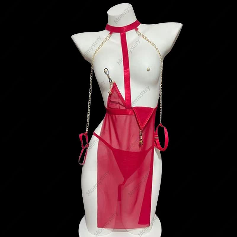 Sexy Mesh See through Chain Lingerie Dress With Nipple Clamps