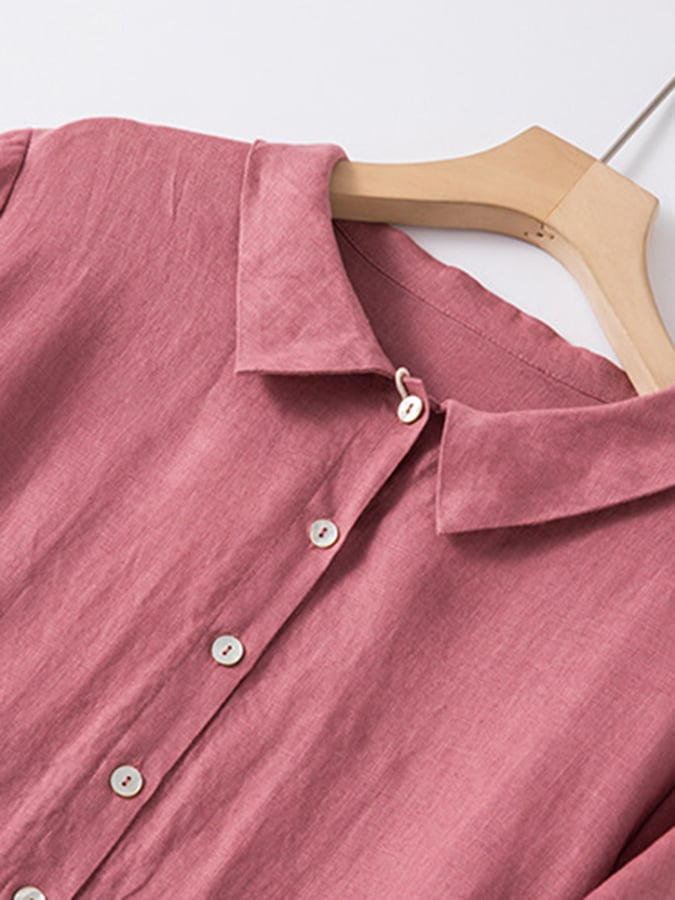 Women's Solid Color Short-Sleeved Shirt Collar Artistic Retro Cotton And Linen Casual Dress