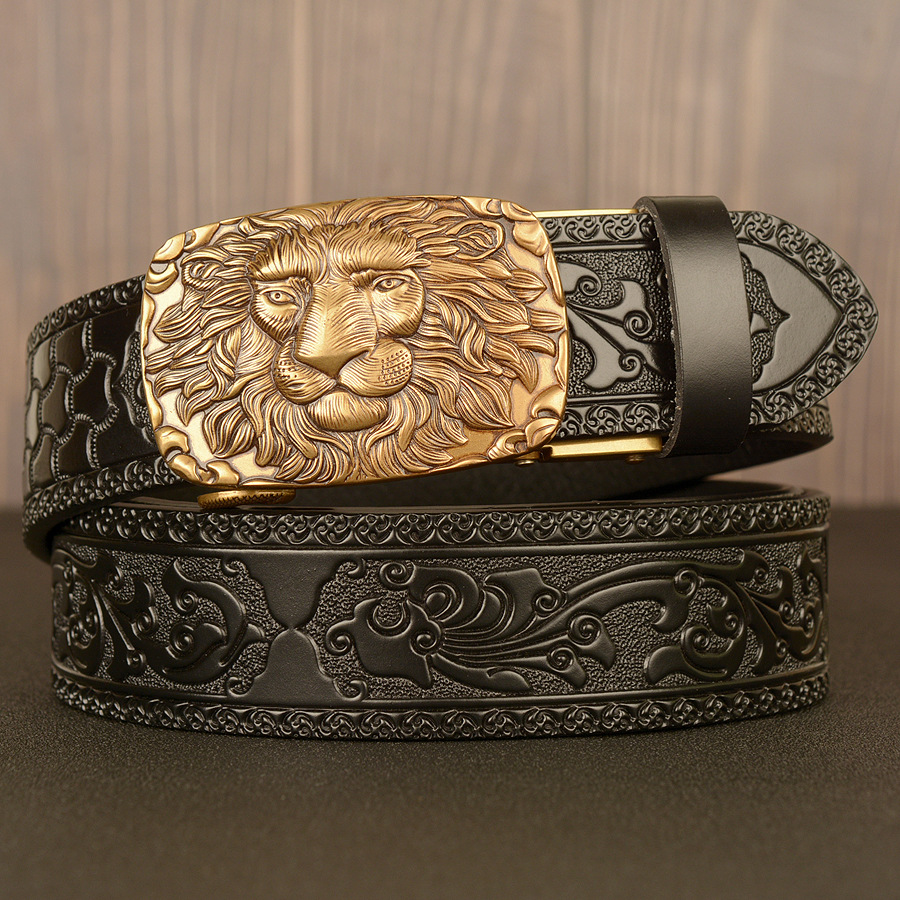 Lion Waist Buckle Cowboy Leather 3D Manual Engraved Belt