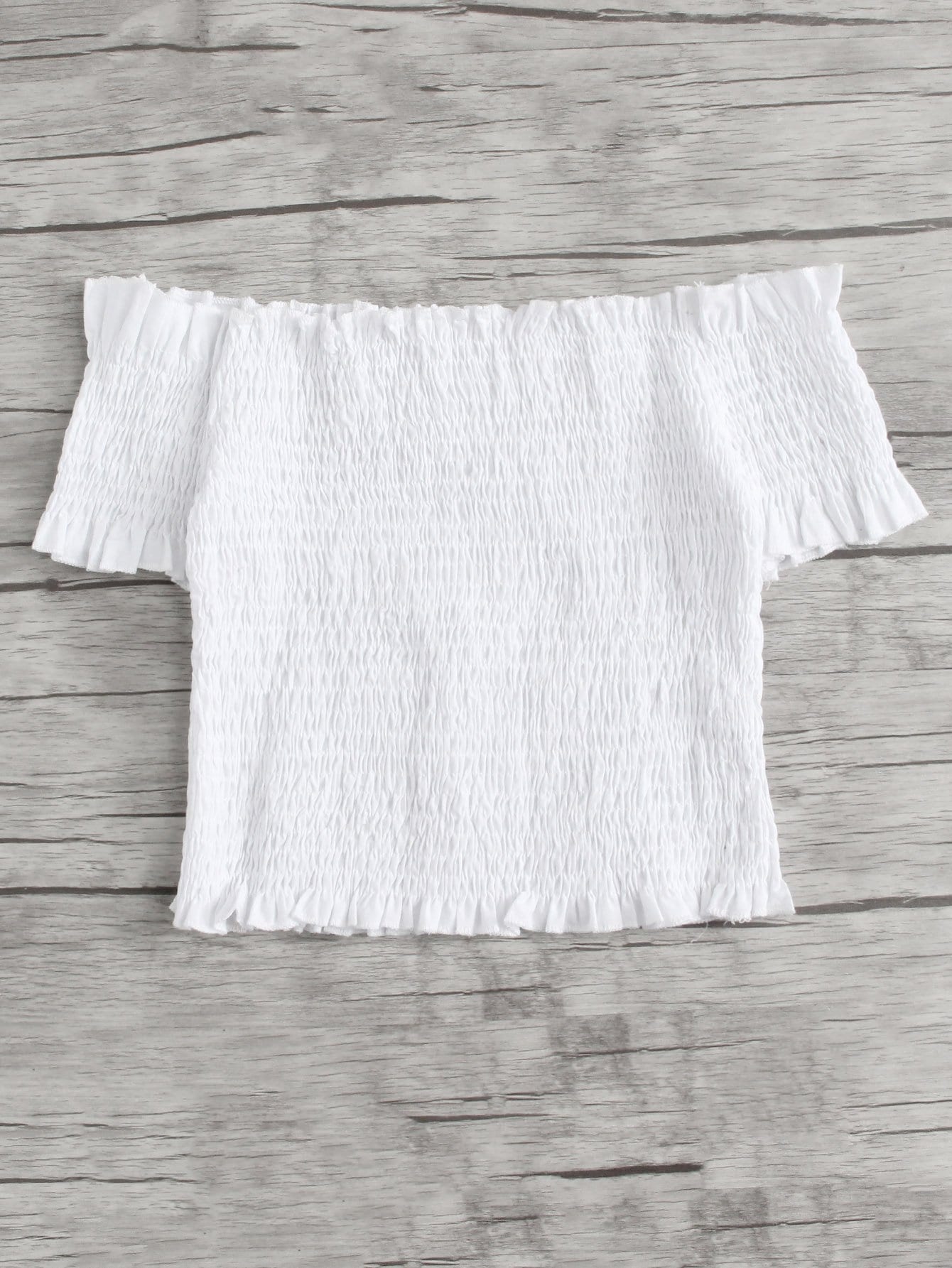 Frill Trim Shirred Off Shoulder Crop Top
