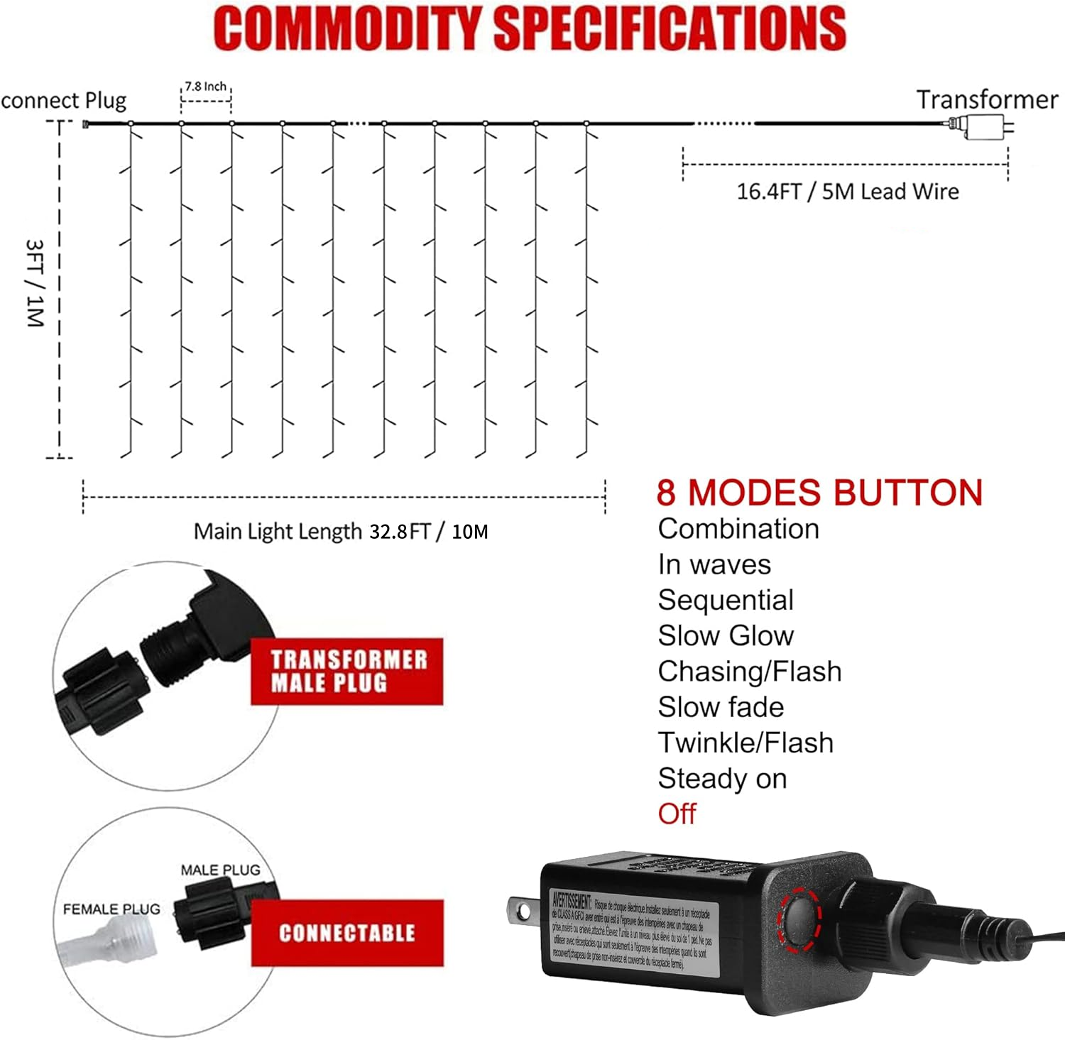 🔥ON SALE🔥32.8FT Curtain String Lights with 8 Modes