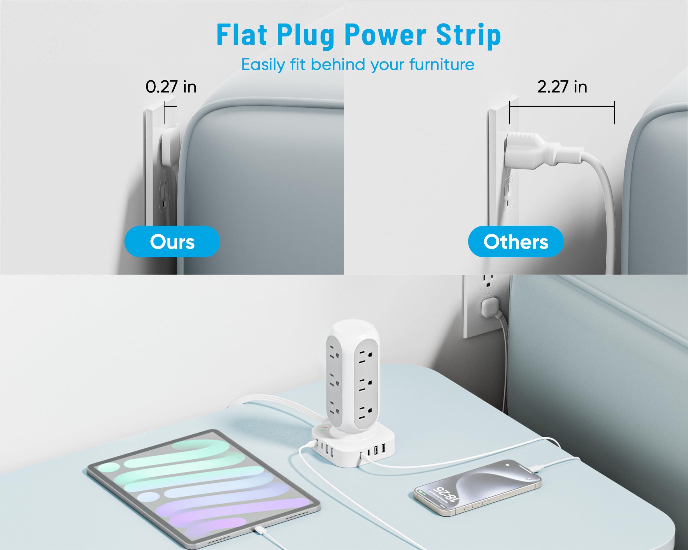 🔥Last Day 49% OFF🔥Flat Plug Power Strip Tower, 10FT 40W Total Fast Charging Station