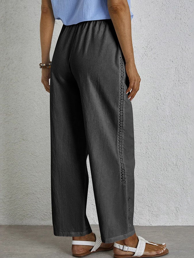 Casual Elegant Lace-Up With Pockets Buttons Lace Side Cotton Linen Trousers