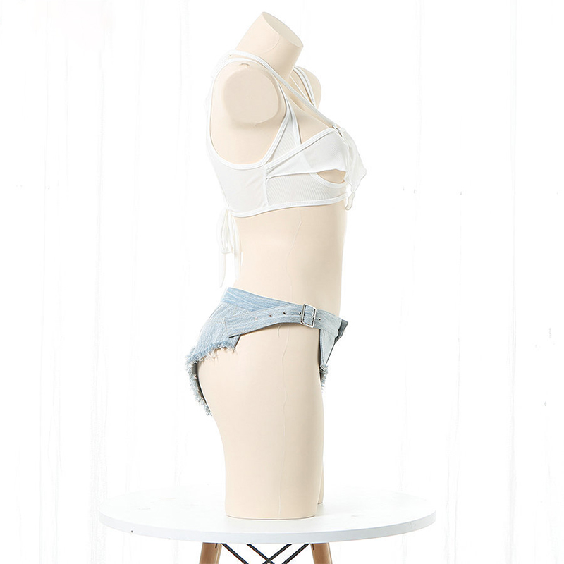 Lace Up Tank Top Denim Shorts Lingerie Set
