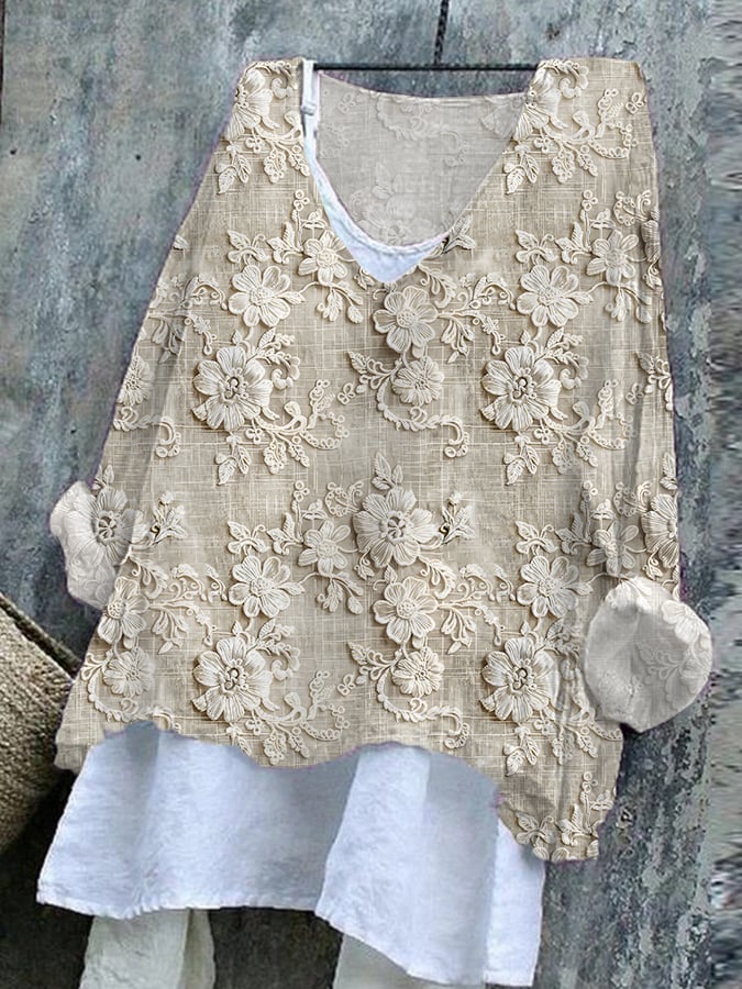 Women's Cotton And Linen Embroidered Printed V-Neck Top
