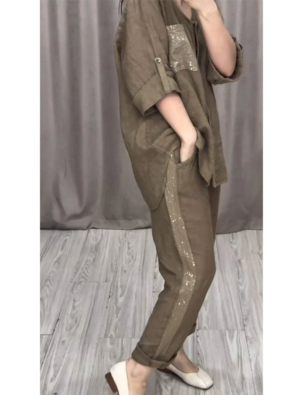 Sequined Round Neck Mid-sleeve Two-piece Suit (Buy 2 Sets Free Shipping)